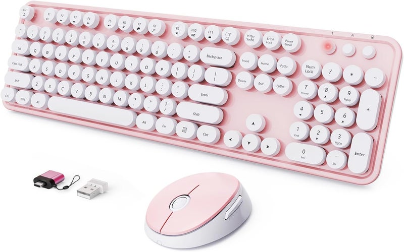 SkyGive Wireless Keyboard and Mouse Combo, Ergonomic Full Size Typewriter Retro Round Keycaps Keyboard, Compatible with Windows, PC, Perfer for Home and Office Keyboards (Lovely Pink) - Image 1